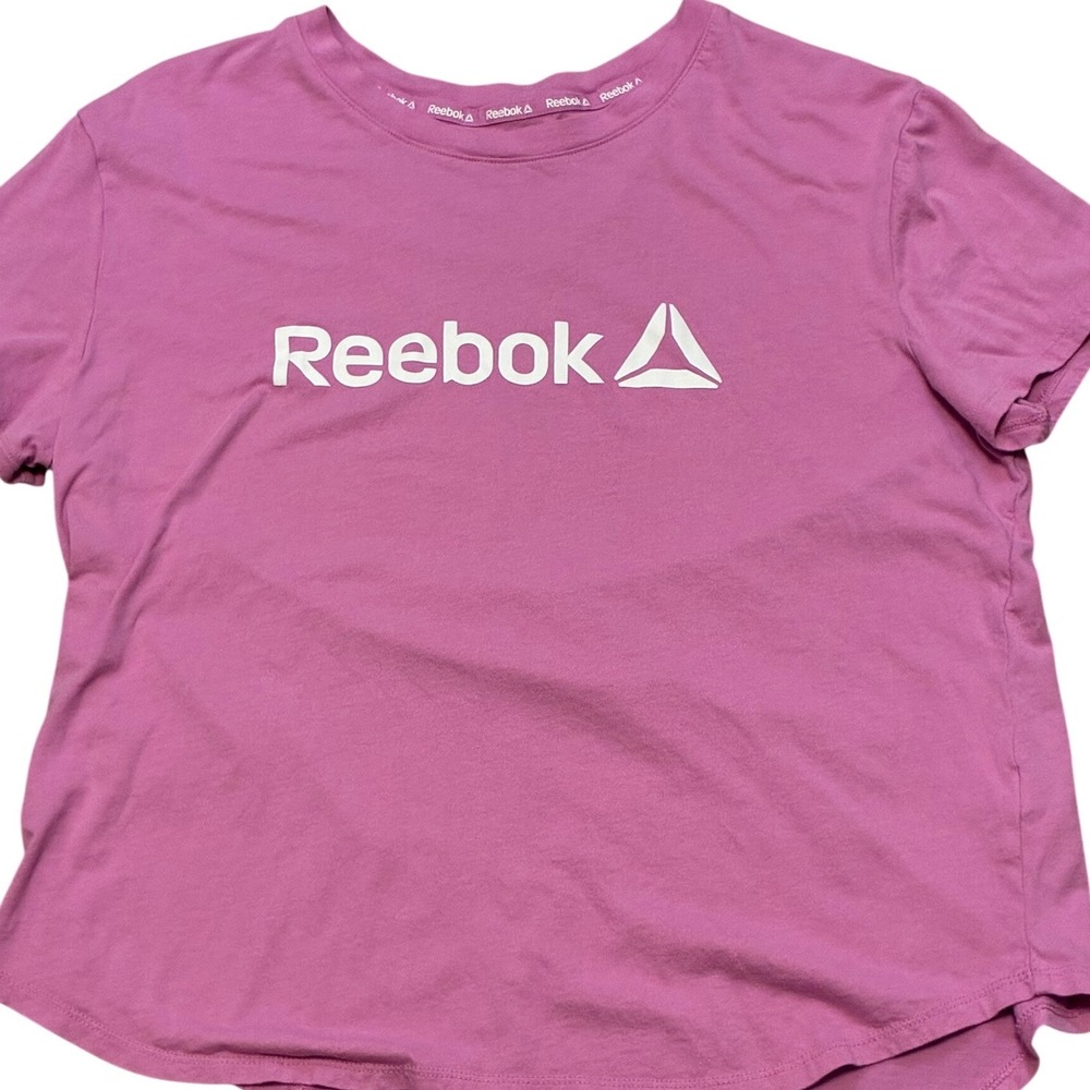 Reebok Womens Pink Graphic Logo Crew Neck Short Sleeve T-Shirt Relaxed Fit Large